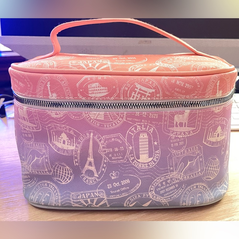 Ombré cosmetic world passport stamp traveling case pink purple teal